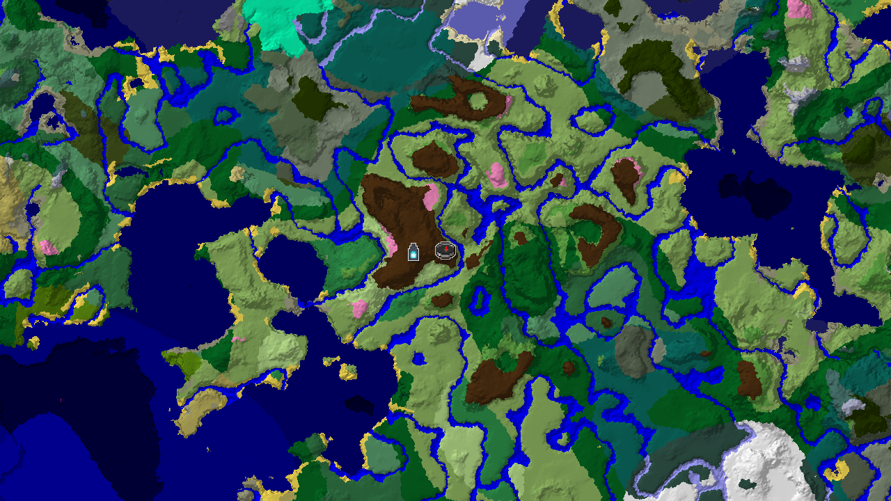 A 2D biome map centered on spawn, showing a Cherry Grove at spawn, a nearby Ancient City, and patches of Plains, River, and Forest.