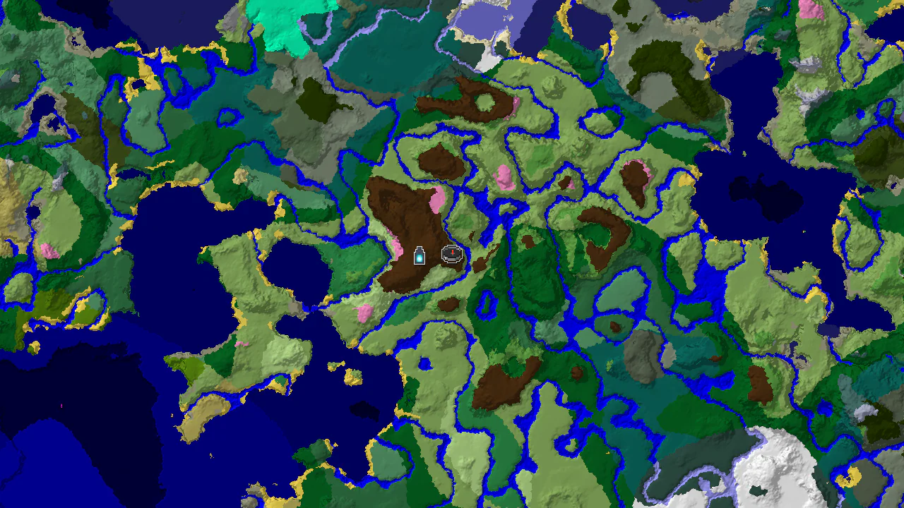 A 2D biome map centered on spawn, showing a Cherry Grove at spawn, a nearby Ancient City, and patches of Plains, River, and Forest.