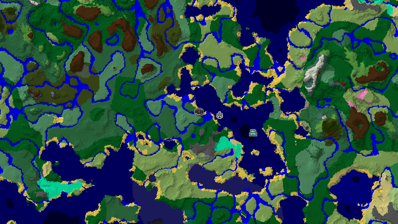 A top-down 2D biome map centered on spawn, showing Birch Forest, Ocean, and a nearby Ocean Monument marker.