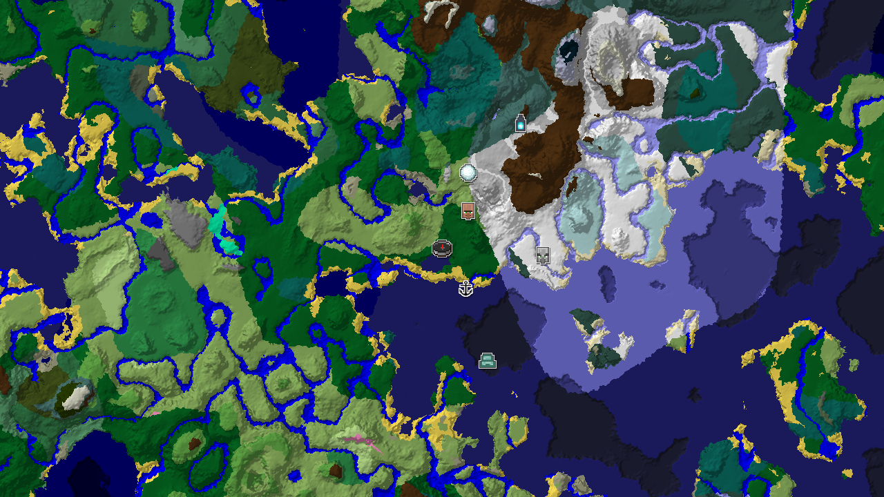 A 2D biome map centered on spawn, showing a large area of cold biomes to the south and east, with markers for a village, shipwreck, and ancient city.