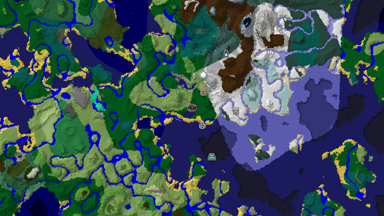 A 2D biome map centered on spawn, showing a large area of cold biomes to the south and east, with markers for a village, shipwreck, and ancient city.