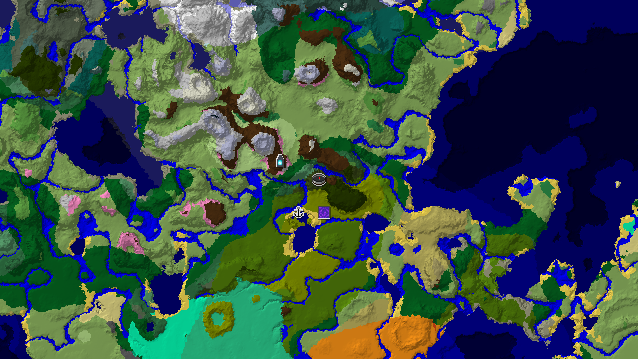 A 2D biome map centered on the spawn point, marked in a Dark Forest, showing nearby jungle, plains, and mountain biomes, along with markers for a ruined portal, shipwreck, and ancient city.