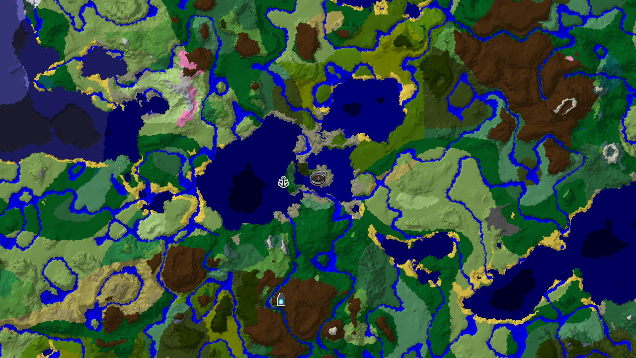 A top-down 2D biome map centered on spawn, showing a jungle island with a spawn marker and nearby structure markers for a ruined portal and shipwreck.