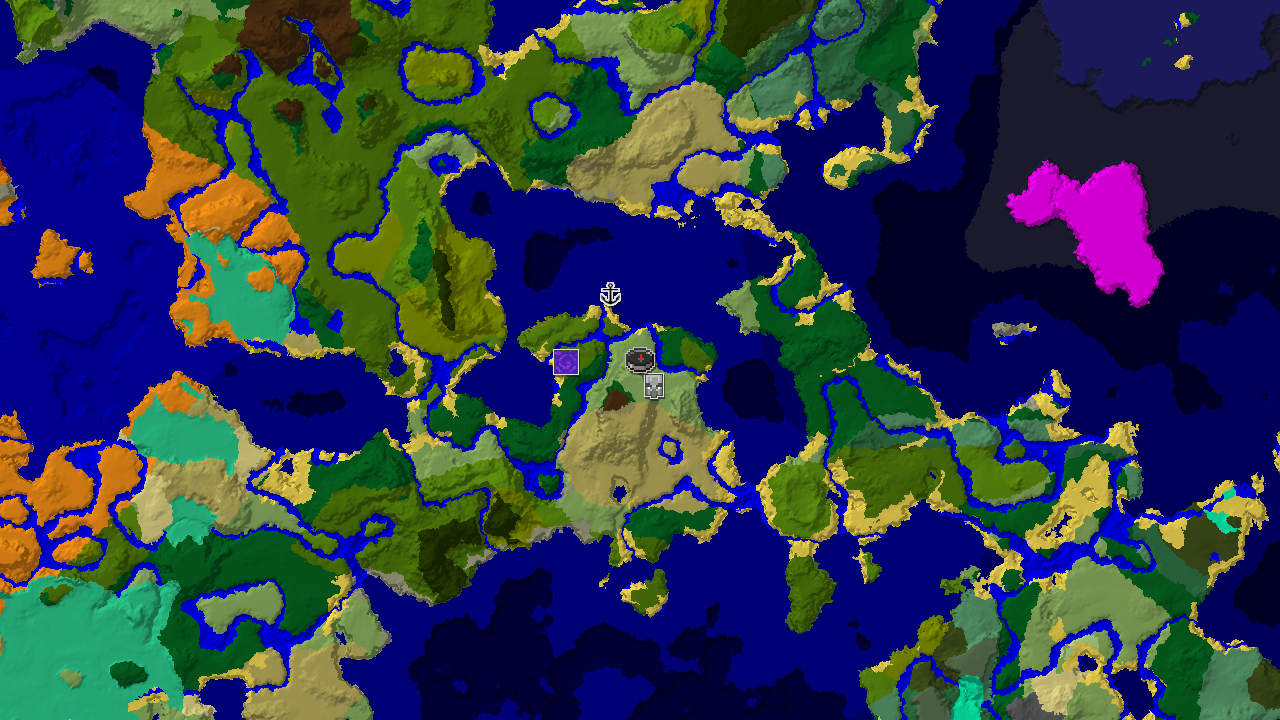 A 2D biome map centered on spawn, showing plains, rivers, and a large expanse of lukewarm ocean to the north, with markers for a Pillager Outpost, Ruined Portal, and Shipwreck.