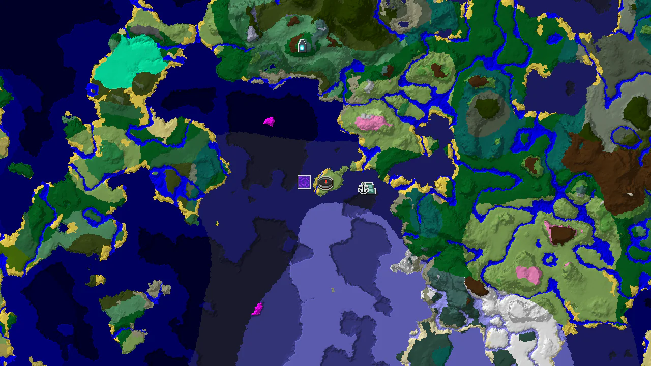A 2D biome map centered on spawn, showing a vast Cold Ocean, several Deep Cold Ocean patches, and markers for an Ancient City, Ruined Portal, and Shipwreck.