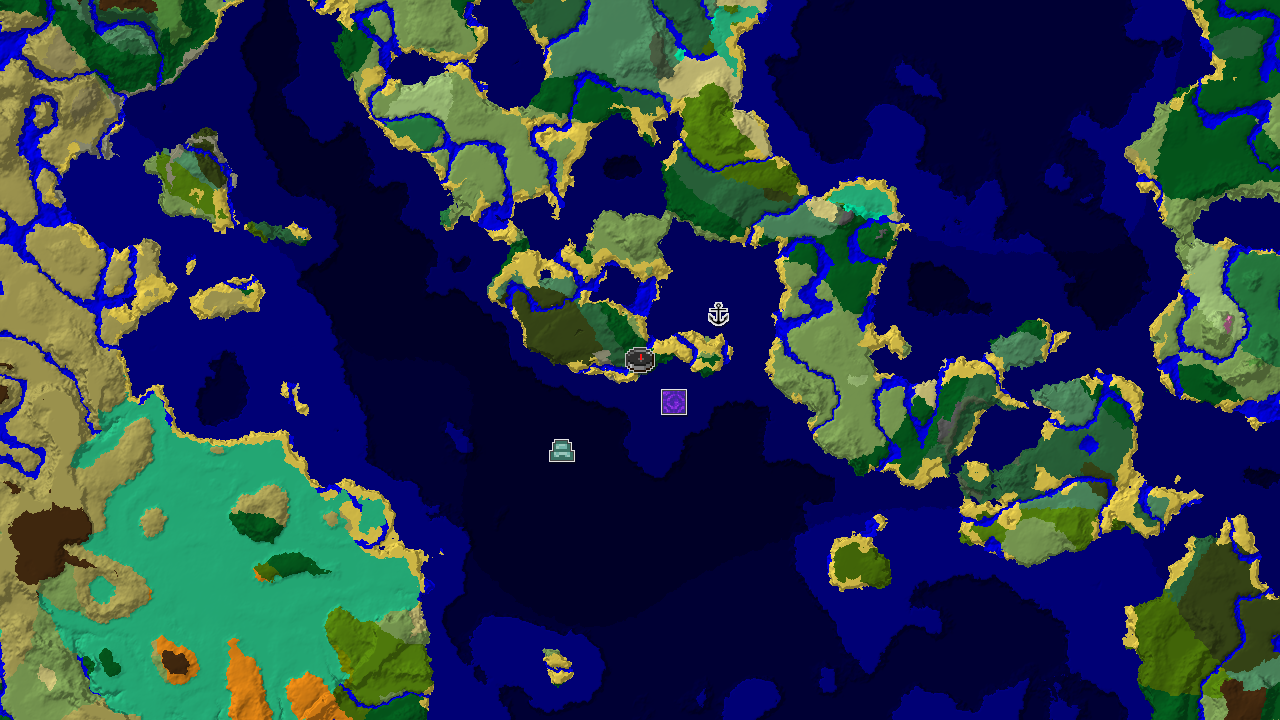 A 2D biome map centered on spawn, showing a large deep ocean and ocean to the east, with a distinct marker for an Ocean Monument.