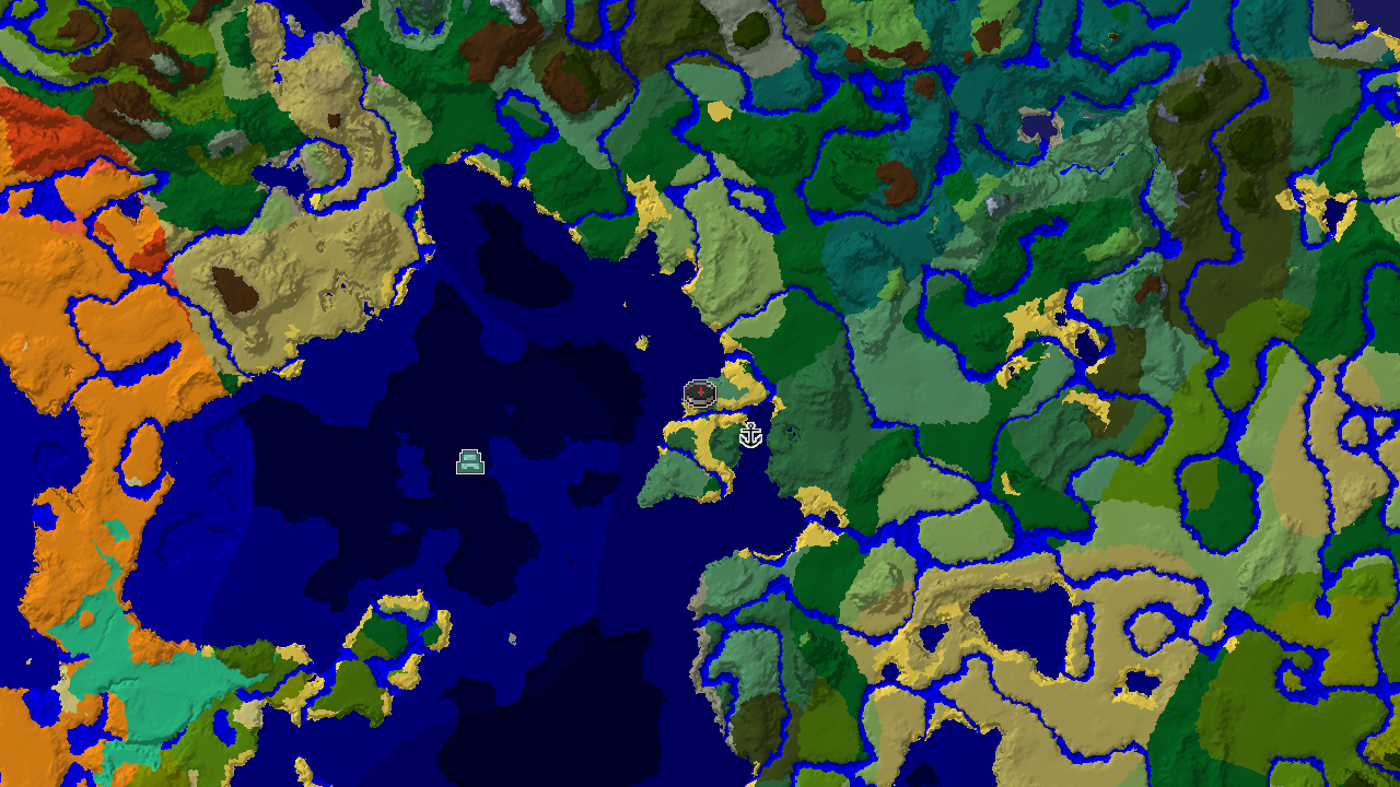 A 2D biome map centered on spawn, marked in an Old Growth Birch Forest, with markers for a shipwreck and an ocean monument.