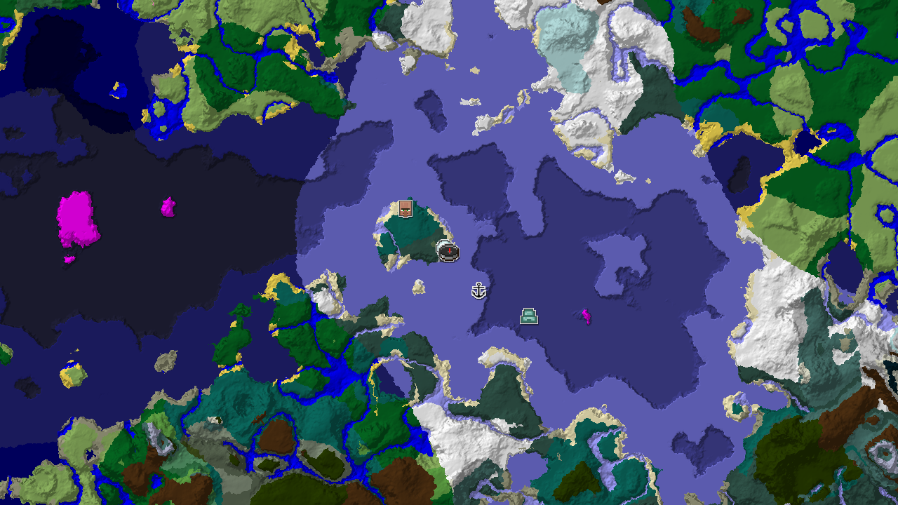 A 2D top-down biome map shows a central snowy taiga spawn surrounded by a large frozen ocean, with markers for an igloo, shipwreck, village, and ocean monument.