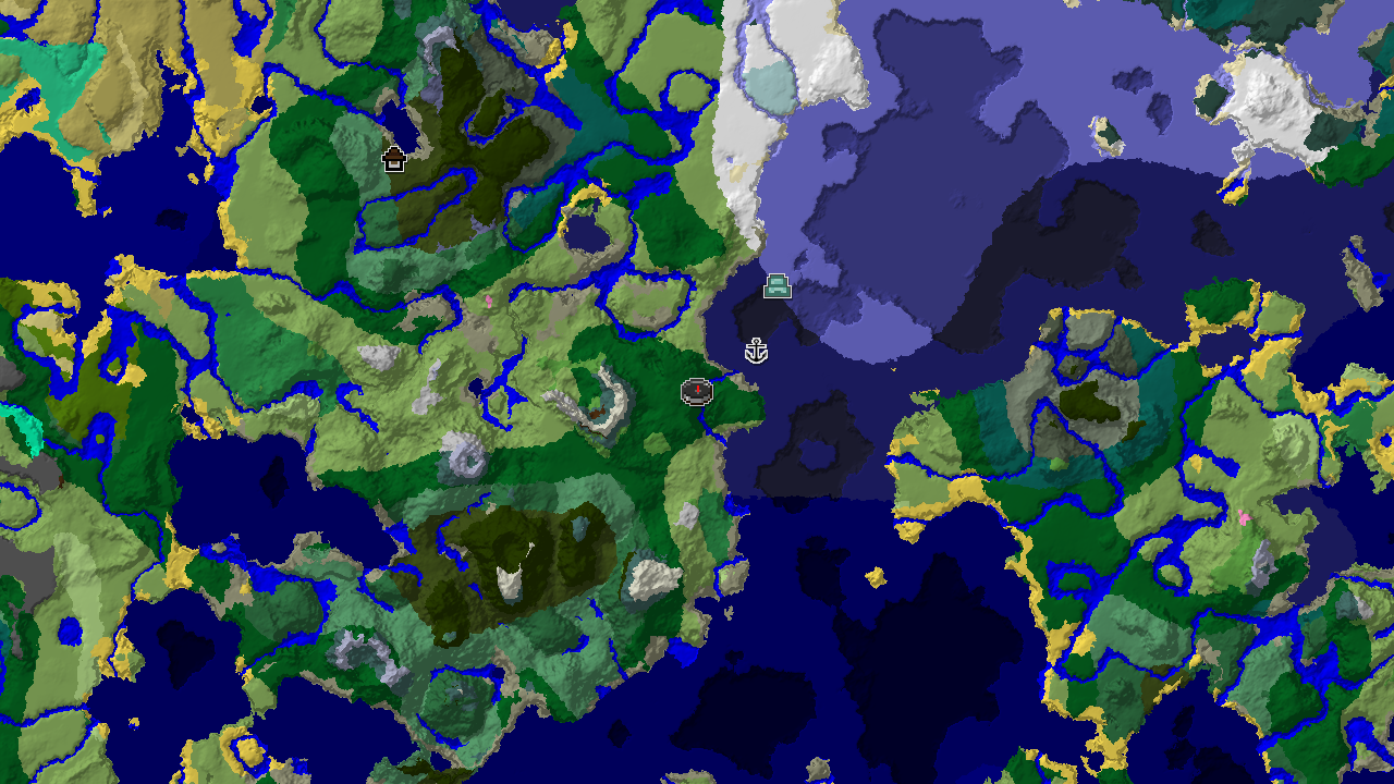 A 2D biome map centered on spawn, showing a large Woodland Mansion to the west, a Shipwreck to the northeast, and an Ocean Monument to the south, all within a varied landscape of forests, plains, and cold oceans.