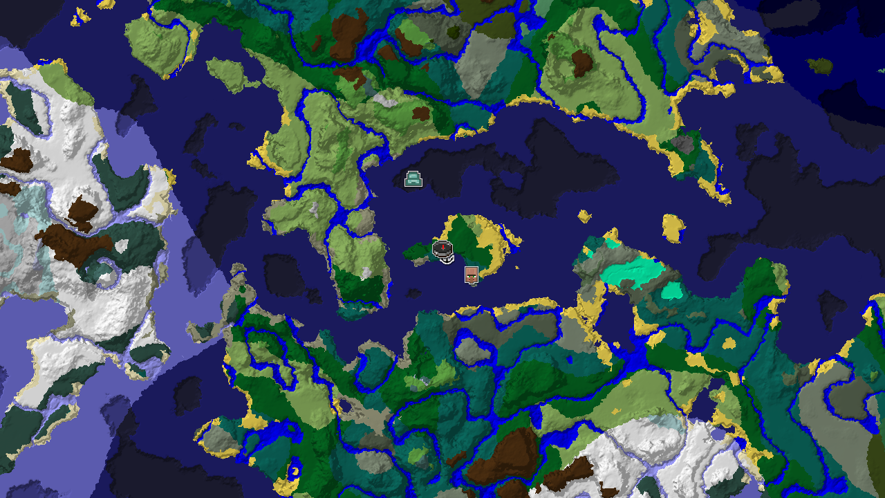 A 2D biome map centered on spawn, showing a taiga forest to the south, a large cold ocean to the north, and a village marker near the water's edge.