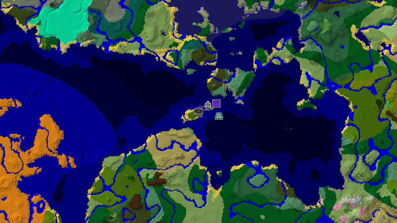 A 2D biome map centered on spawn, showing a large area of ocean, a jungle at spawn, and markers for an Ocean Monument and Shipwreck.