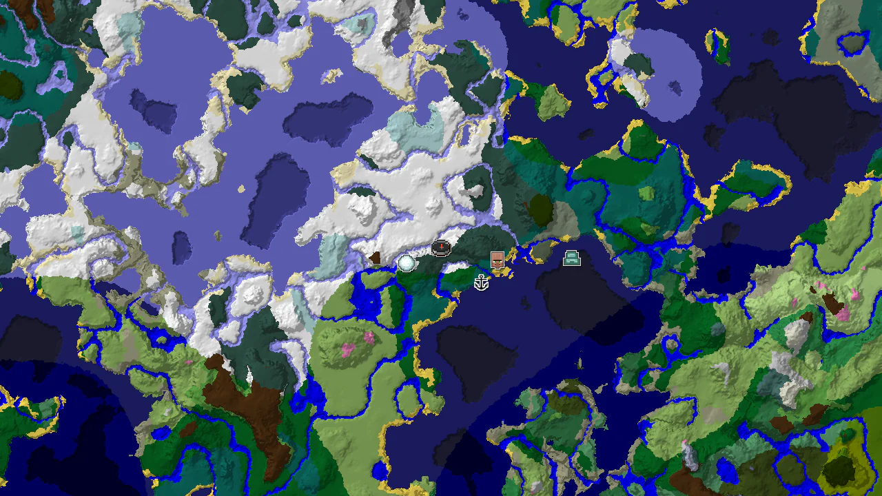 A 2D biome map centered on spawn, showing a large snowy area with a marker for an Igloo to the west and an Ocean Monument to the east.