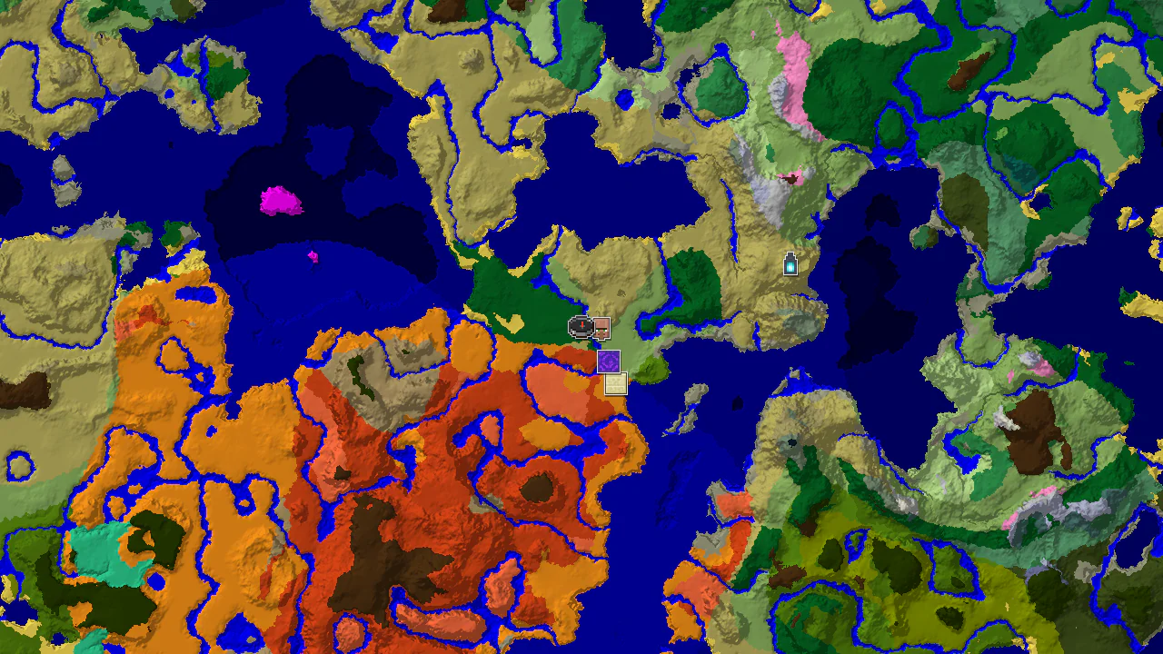 A 2D biome map centered on spawn, showing forest, savanna, badlands, and desert biomes, with markers for a village and ruined portal.