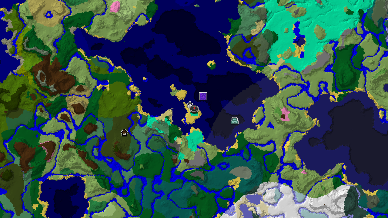 A top-down 2D biome map centered on spawn, showing a large ocean to the west and south, with a shipwreck marker nearby and a Woodland Mansion marker to the northwest.