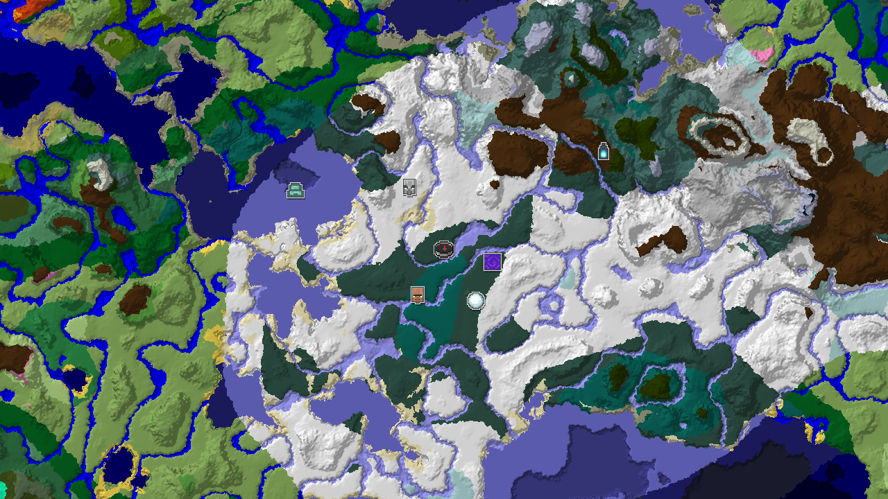 A top-down 2D biome map showing a spawn marker in Snowy Taiga, surrounded by other cold biomes like Snowy Plains and Frozen River, with markers for a Village, Ruined Portal, and Igloo.