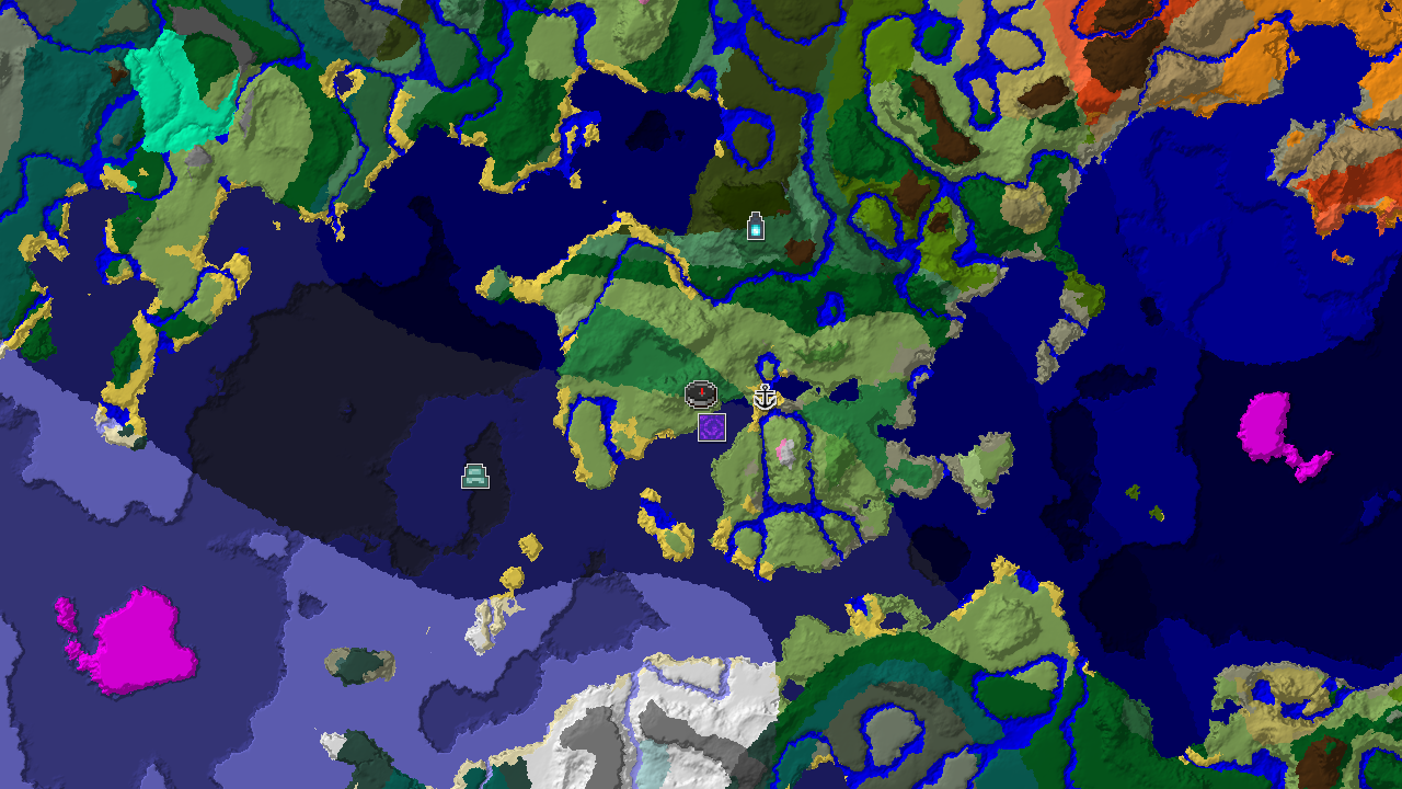 A 2D biome map centered on spawn, showing a vibrant Flower Forest surrounded by Plains, Cold Ocean, and various other biomes, with markers for a Ruined Portal and an Ancient City.
