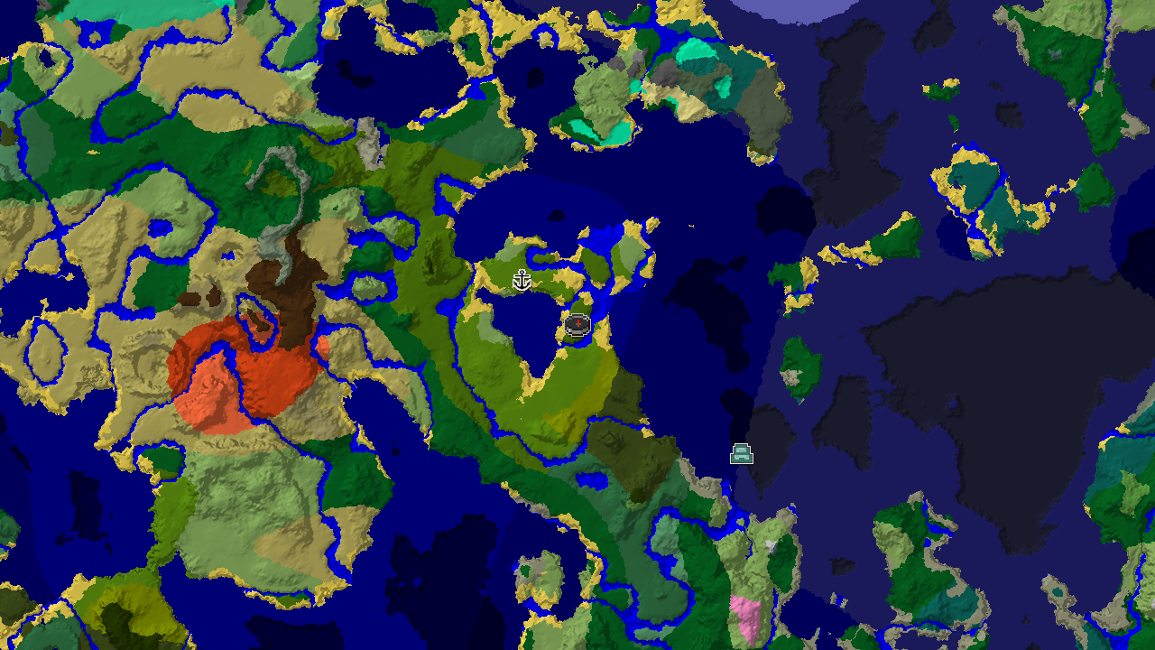 A 2D biome map centered on the jungle spawn point, showing nearby oceans, rivers, and a shipwreck marker.