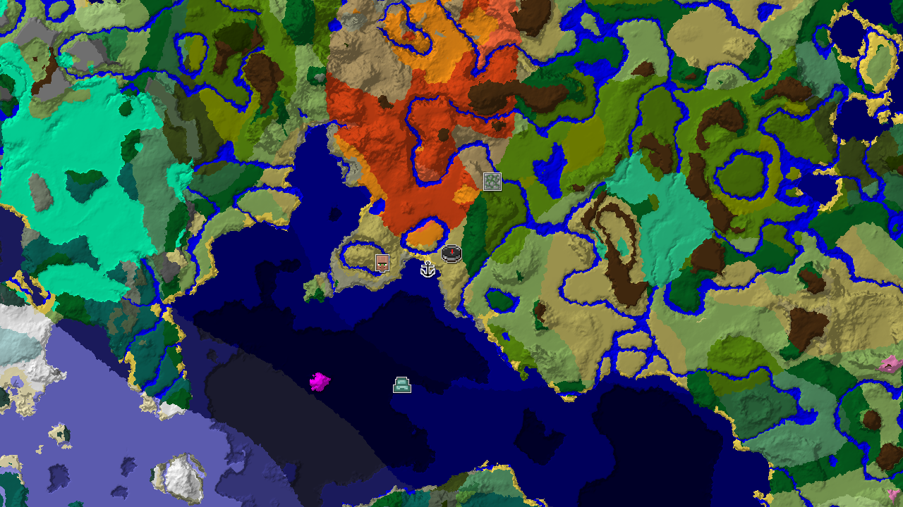 A 2D top-down biome map centered on the spawn point, showing Savanna, Badlands, and various ocean biomes.