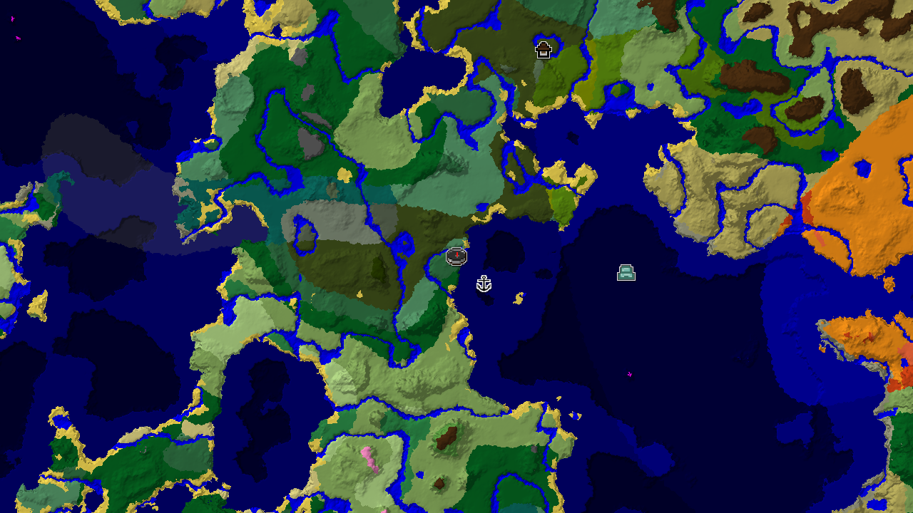 A 2D biome map centered on spawn, showing a Woodland Mansion to the north and oceans to the east and south.