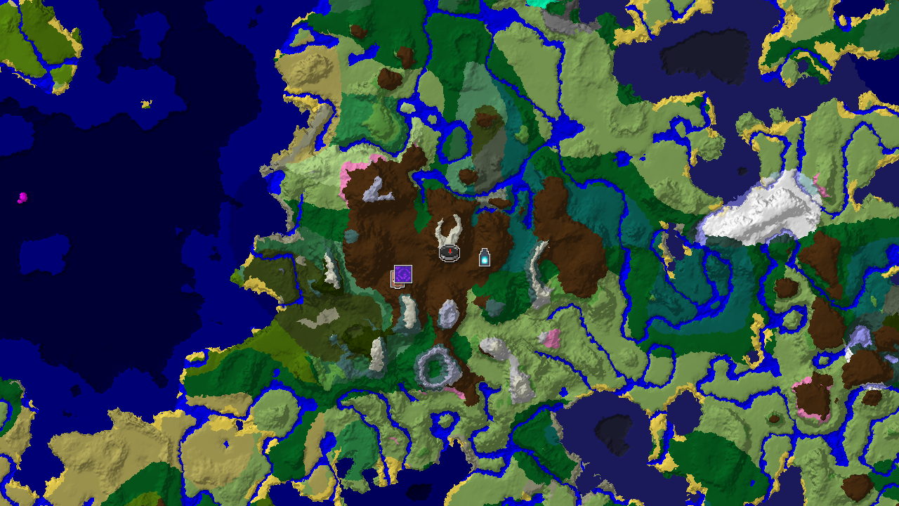A 2D biome map centered on spawn, showing a nearby Ancient City, Village, and Ruined Portal.