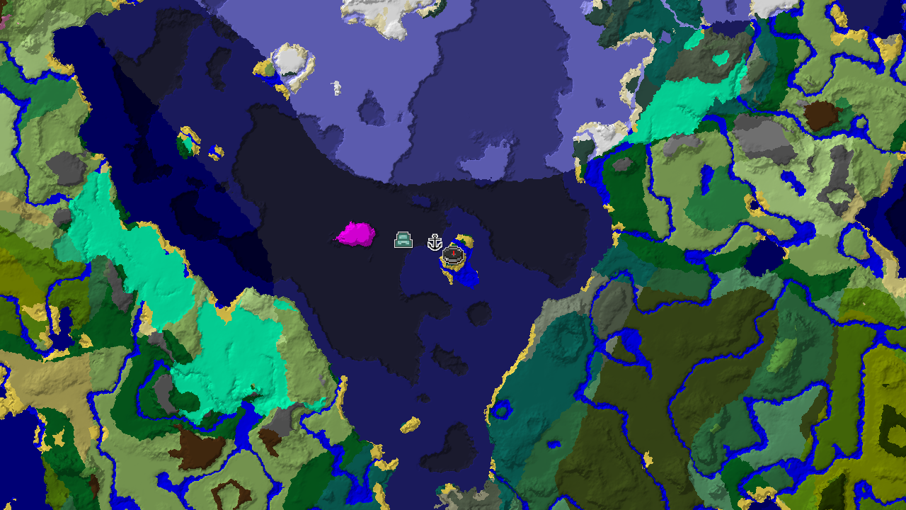A top-down 2D biome map centered on the spawn point, marked in a Taiga biome, with markers for a shipwreck and an ocean monument.