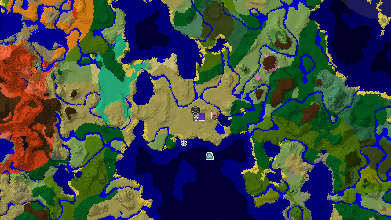 A 2D biome map centered on spawn, showing a large savanna, various oceans, and jungle biomes, with markers for a village, ruined portal, and pillager outpost.