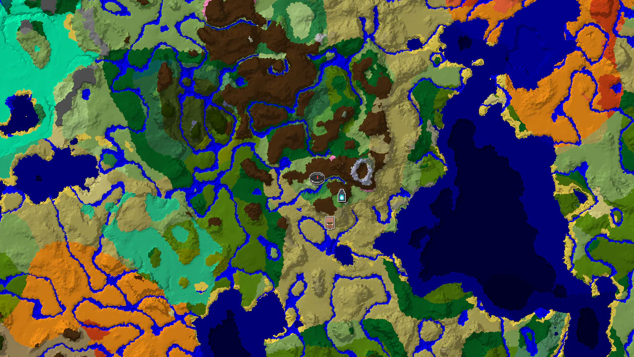 A 2D biome map centered on the spawn point, marked in Sunflower Plains, with markers for a nearby village and an ancient city.