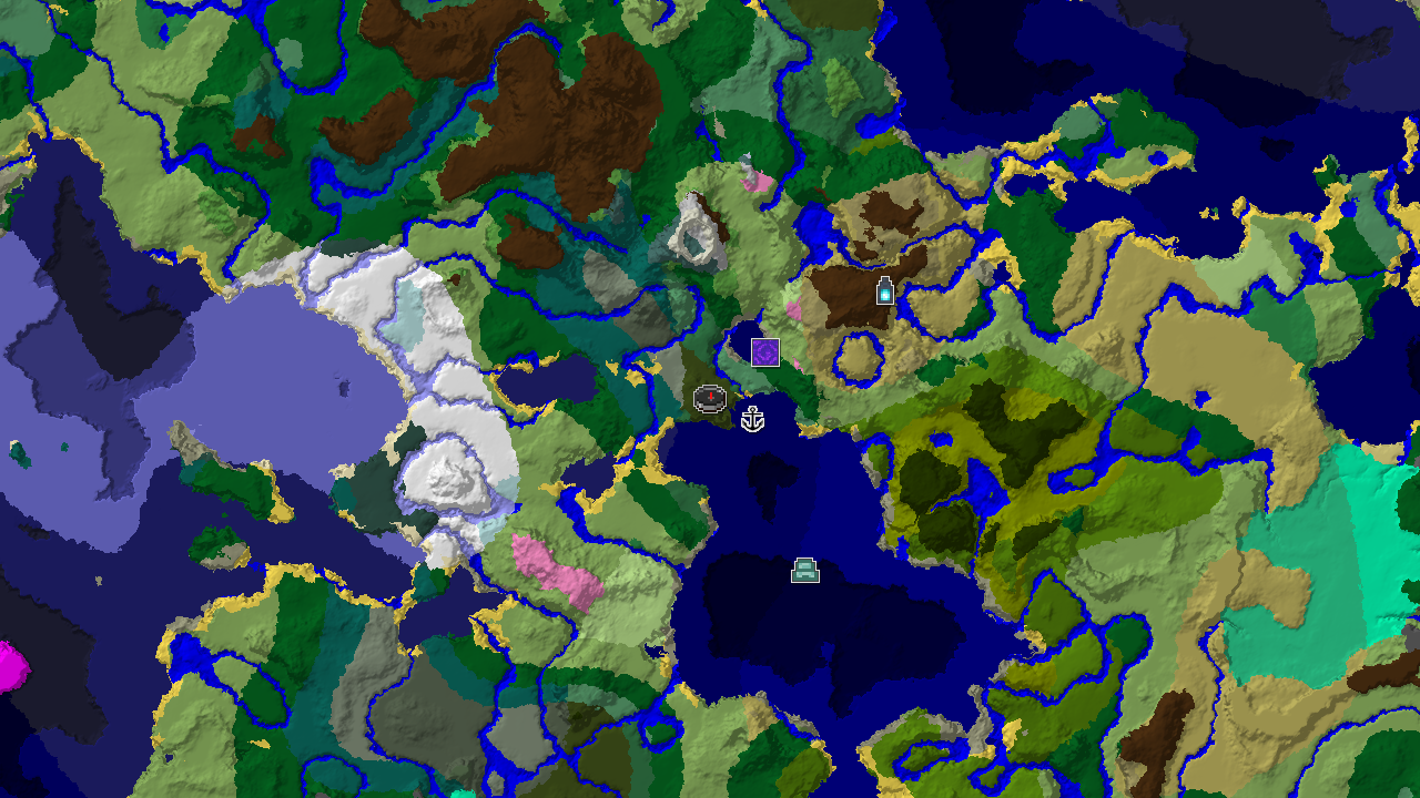 A 2D biome map centered on the spawn point, showing Dark Forest at spawn, with nearby markers for a Ruined Portal, Shipwreck, and an Ancient City to the southeast.