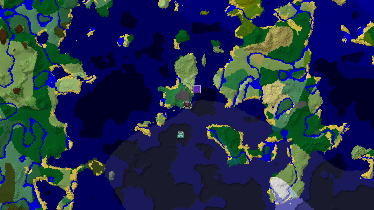 A 2D biome map centered on spawn, showing a flower forest surrounded by various ocean biomes, with markers for a shipwreck and a ruined portal.