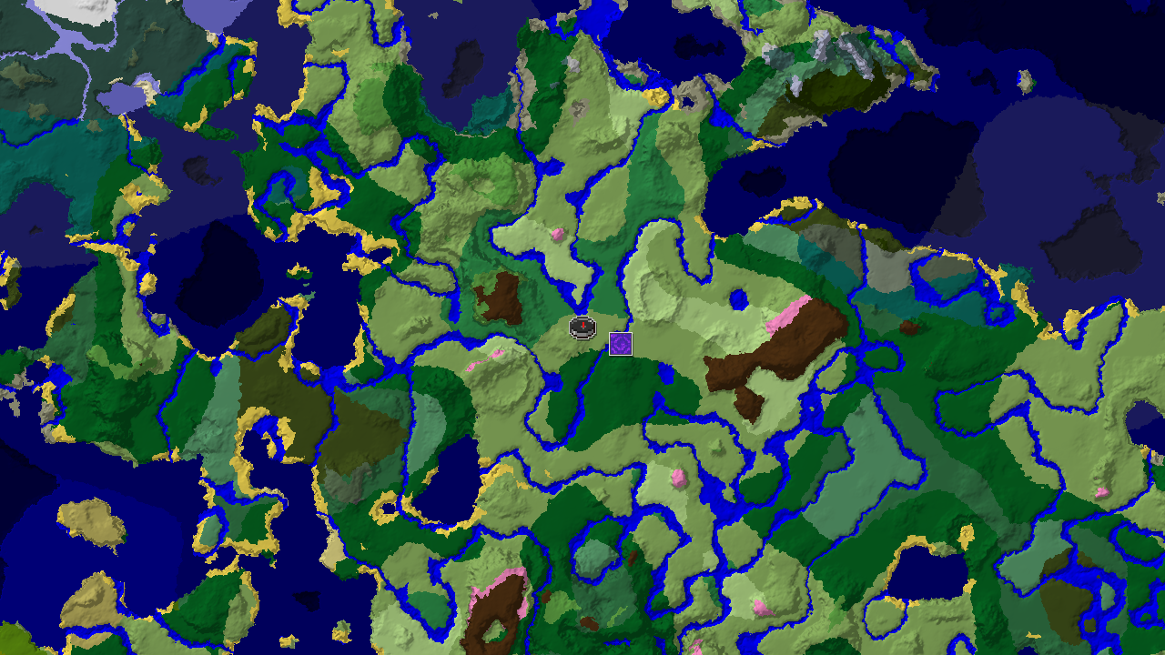 A 2D biome map centered on the spawn point, showing Plains, River, and Forest biomes, with markers for a nearby Ruined Portal.