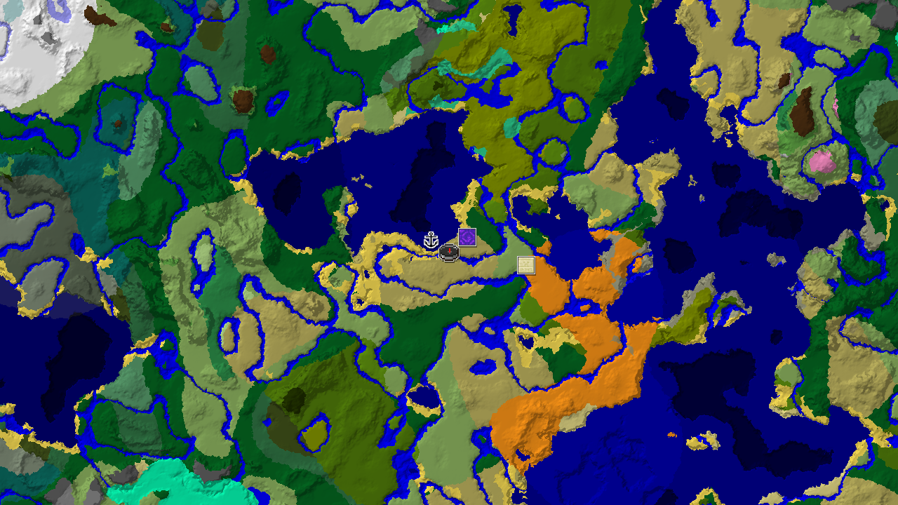 A 2D biome map centered on spawn, showing a desert pyramid to the east, a shipwreck to the west, and a ruined portal to the north-east.