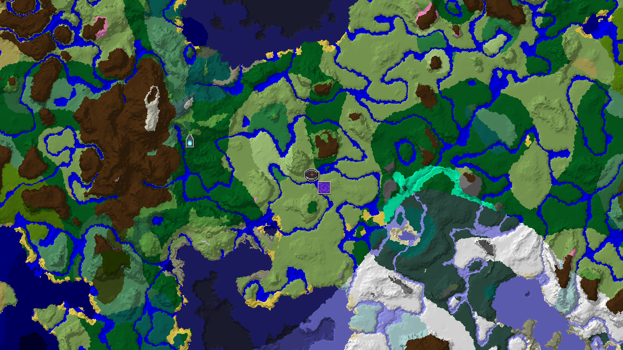 A top-down 2D biome map centered on spawn, showing plains, forest, river, and various snowy biomes, with markers for a ruined portal and an ancient city.