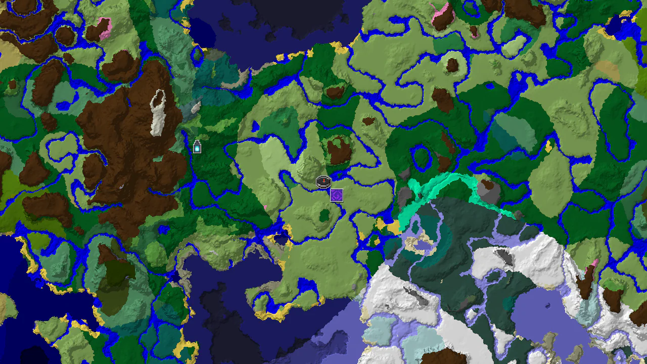 A top-down 2D biome map centered on spawn, showing plains, forest, river, and various snowy biomes, with markers for a ruined portal and an ancient city.