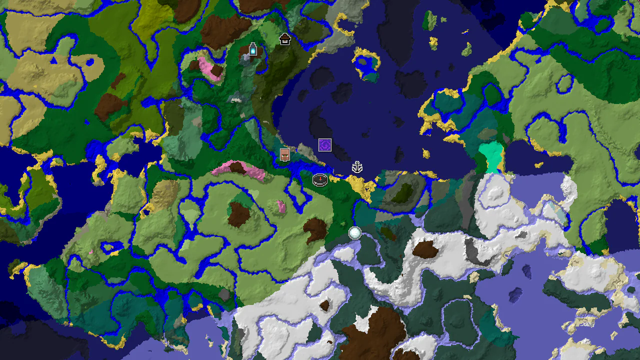 A 2D biome map centered on the spawn point, marked with surrounding biomes including Forest, Plains, and Cold Ocean, and markers for a Woodland Mansion, Village, and Igloo.