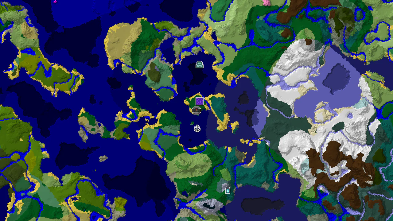A 2D biome map centered on spawn, showing a large Forest island surrounded by Ocean and Beach biomes, with markers for a Ruined Portal, Shipwreck, and Ocean Monument.