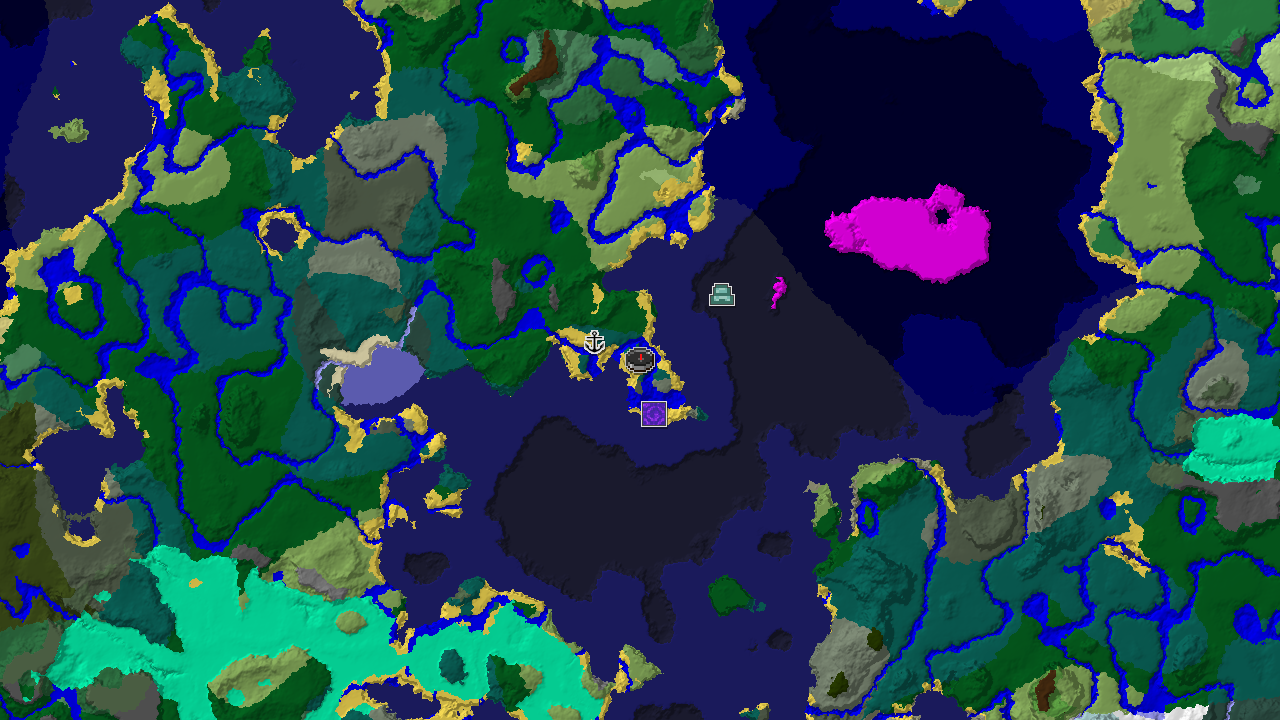 A 2D biome map centered on spawn, showing a large area of Cold Ocean and Deep Cold Ocean, with smaller patches of Taiga and Forest, and markers for a Ruined Portal, Shipwreck, and Ocean Monument.
