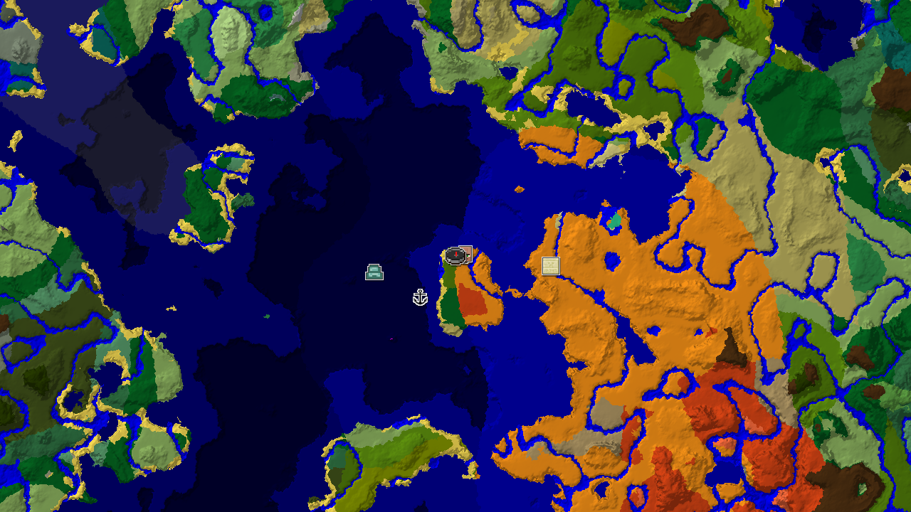 A 2D biome map centered on a jungle spawn, showing a nearby village, a shipwreck, and an ocean monument.