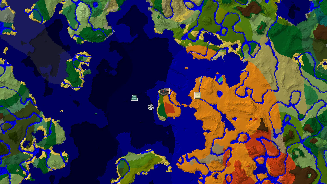 A 2D biome map centered on a jungle spawn, showing a nearby village, a shipwreck, and an ocean monument.
