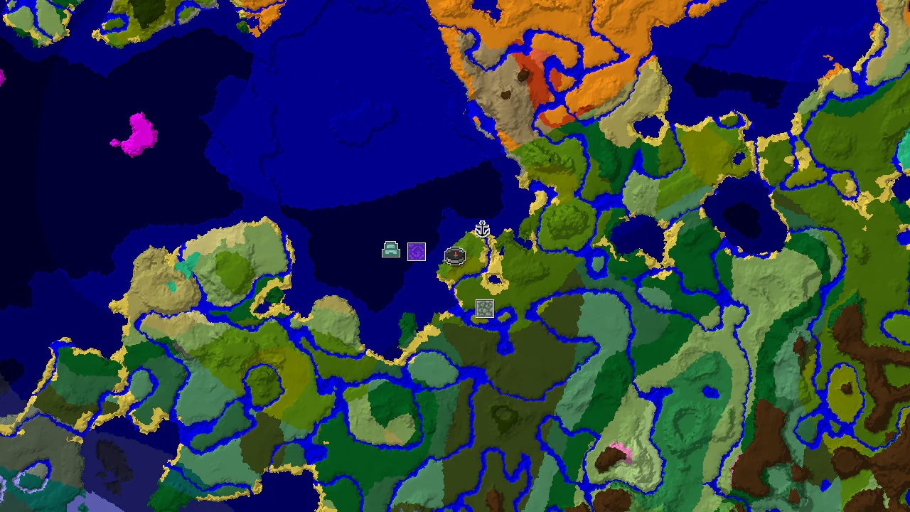 A 2D biome map centered on the spawn point, showing lush jungle biomes, various ocean types, and markers for nearby structures.