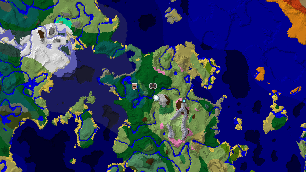A 2D biome map centered on spawn, showing a large forest with plains and taiga nearby. Markers indicate an igloo to the northeast and an ancient city further east.