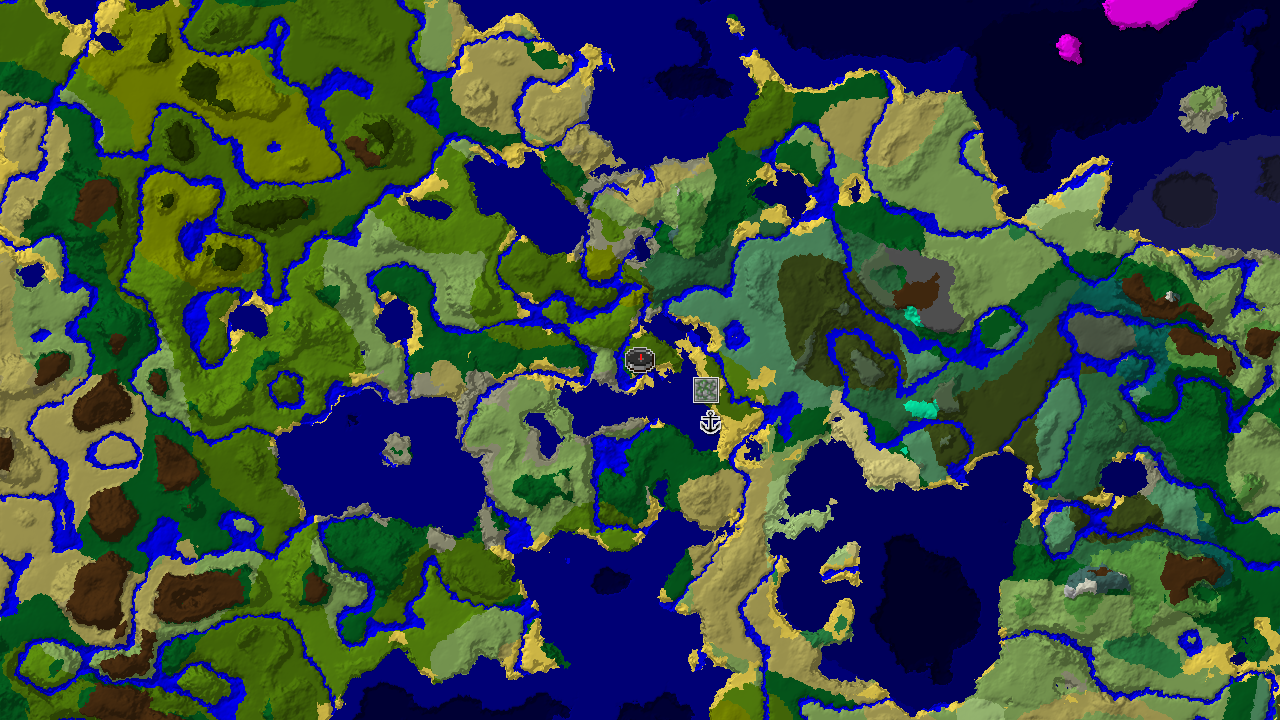 A 2D biome map centered on the spawn point, showing dense jungle biomes, nearby oceans, and markers for a jungle temple and shipwreck.