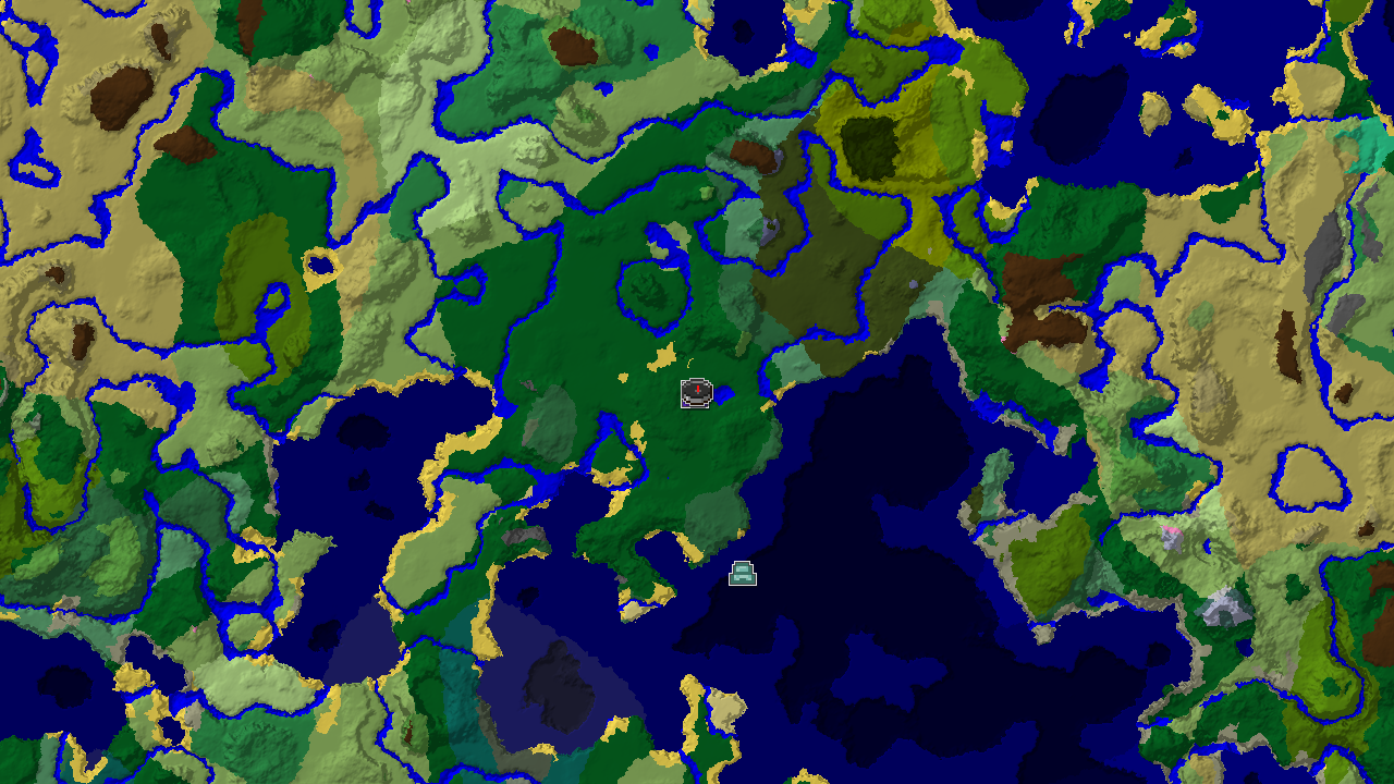 A 2D biome map centered on spawn, showing a nearby Ruined Portal, an Ocean Monument, and a variety of biomes including Forest, River, Ocean, and several types of Jungle.