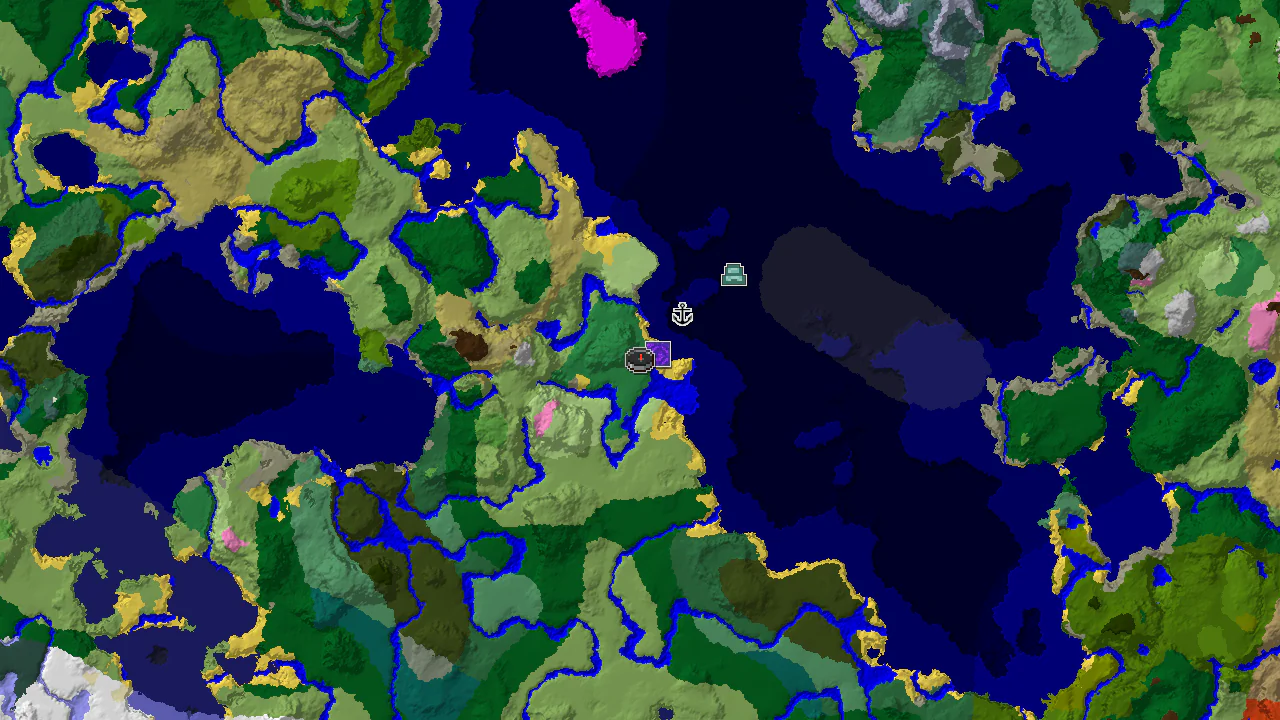 A 2D biome map centered on spawn, showing a flower forest at the starting point, surrounded by various ocean biomes and marked structures.