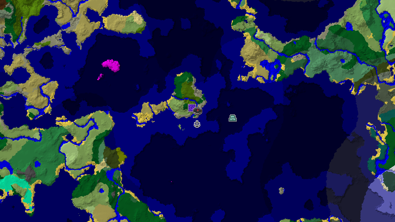 A 2D biome map centered on spawn, showing a large Deep Lukewarm Ocean biome with an Ocean Monument marker, and markers for a Ruined Portal and Shipwreck near the spawn point.