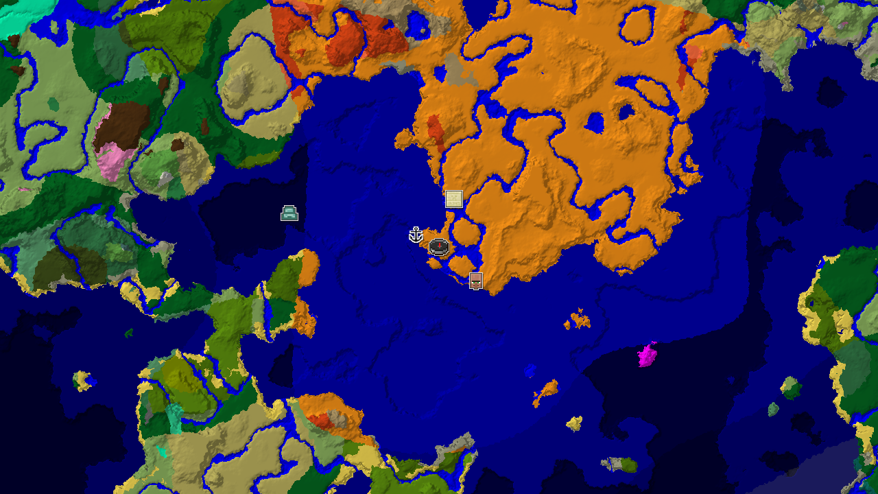 A 2D biome map centered on spawn, showing a large warm ocean to the south and west, with a desert biome at spawn and a village marker to the northeast.