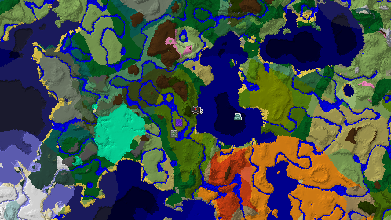 A 2D biome map centered on the spawn point, marked in a jungle, with markers for a shipwreck, ruined portal, and jungle temple.