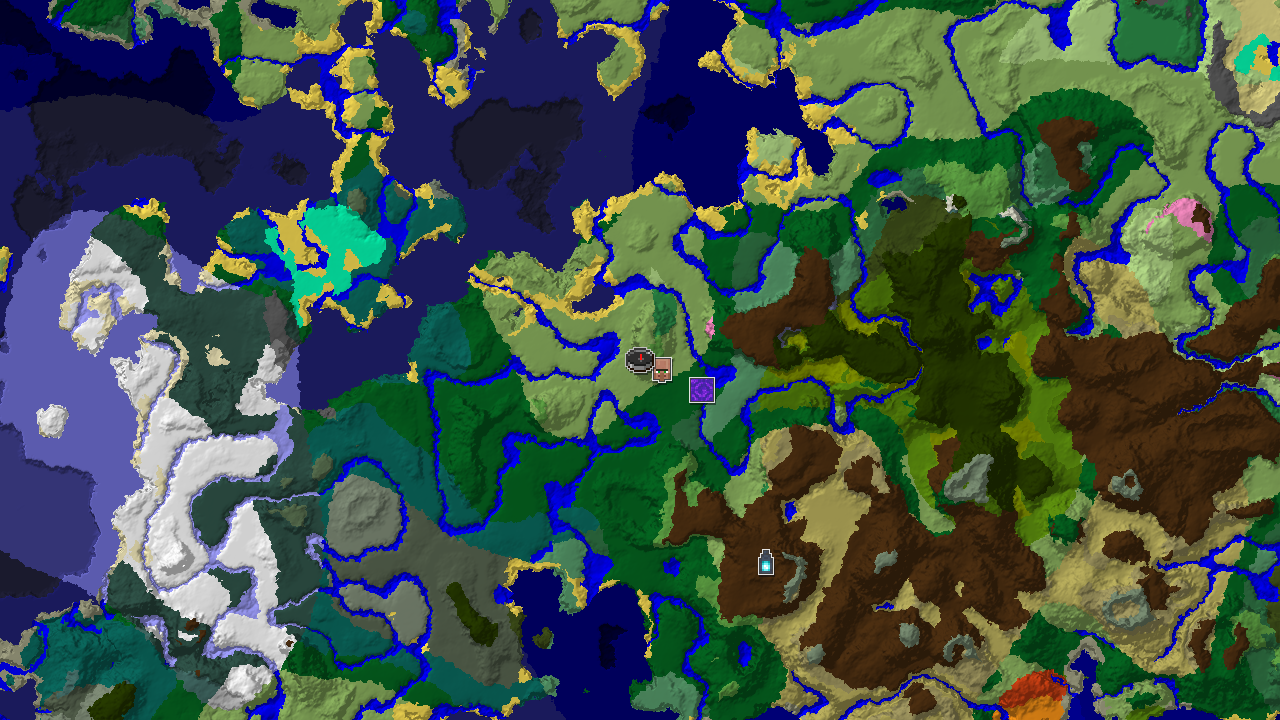 A 2D biome map showing a spawn marker in a Plains biome, with nearby markers for a village and a ruined portal.