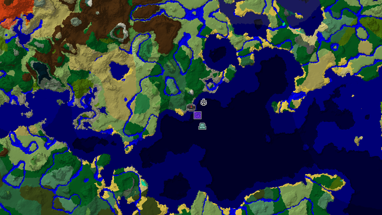 A 2D biome map centered on the spawn point, marked in a forest biome. Markers indicate a nearby Ruined Portal, Shipwreck, and Ocean Monument.