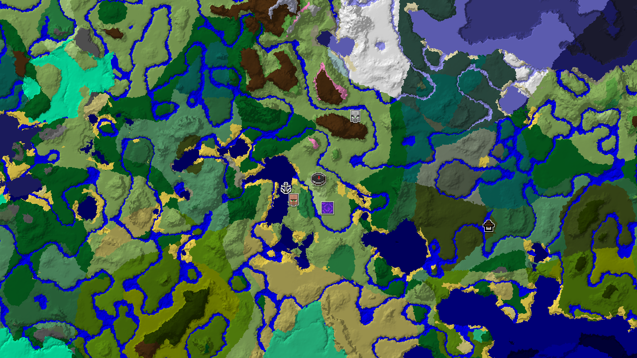 A 2D biome map centered on the spawn point, marked by a white square, showing nearby biomes and structures.