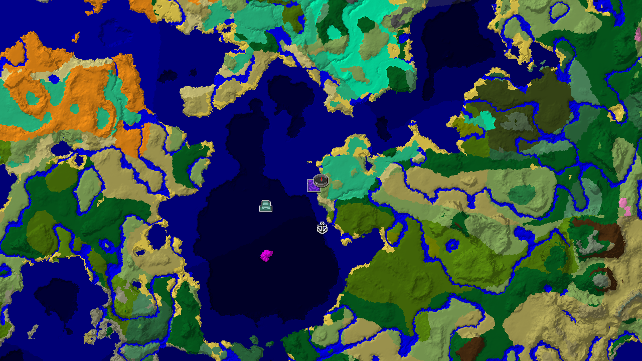 A 2D biome map centered on spawn, showing plains, oceans, and a nearby mangrove swamp, with markers for a ruined portal and shipwreck.